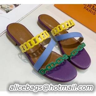 Best Luxury Hermes Leather "Chaine d'Ancre" Straps Ajaccio Slipper Sandal 042062 Purple/Blue/Yellow