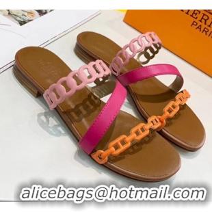 Good Quality Hermes Leather "Chaine d'Ancre" Straps Ajaccio Slipper Sandal 042062 Rosy/Pink/Orange