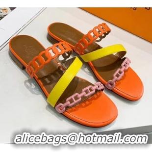 Grade Design Hermes Leather "Chaine d'Ancre" Straps Ajaccio Slipper Sandal 042062 Orange/Yellow/Pink