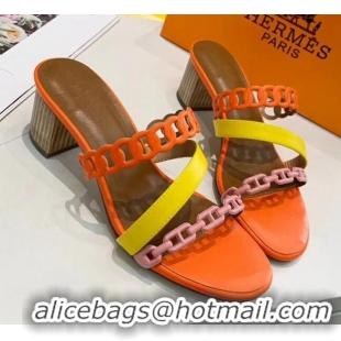 Top Quality Hermes Leather "Chaine d'Ancre" Straps Ajaccio Sandal With 5cm Heel 042066 Orange/Yellow