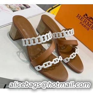 Cute Hermes Leather "Chaine d'Ancre" Straps Ajaccio Sandal With 5cm Heel 042066 Brown/White