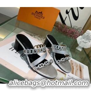 New Style Hermes Leather "Chaine d'Ancre" Straps Ajaccio Sandal With 5cm Heel 042066 Silver