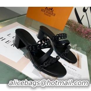 Perfect Hermes Leather "Chaine d'Ancre" Straps Ajaccio Sandal With 5cm Heel 042066 Black