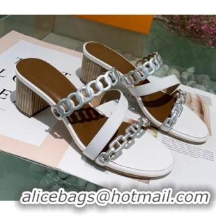 Top Quality Hermes Leather "Chaine d'Ancre" Straps Ajaccio Sandal With 5cm Heel 042066 White/Silver