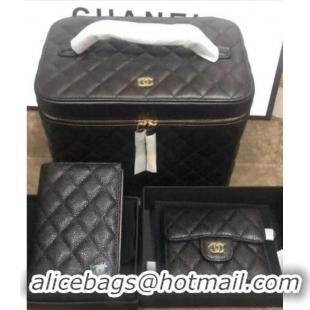 Good Taste Chanel Original Lather Cosmetic Bag and Wallets Set 5961 black