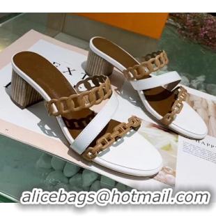 Popular Hermes Leather "Chaine d'Ancre" Straps Ajaccio Sandal With 5cm Heel 042066 White/Brown