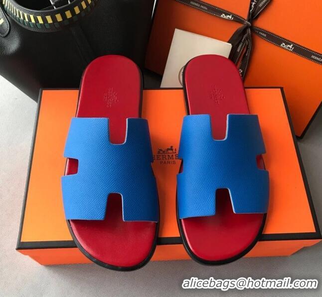 Fashion Hermes Izmir Sandal For Men in Epsom Calfskin 62267 Blue/Red