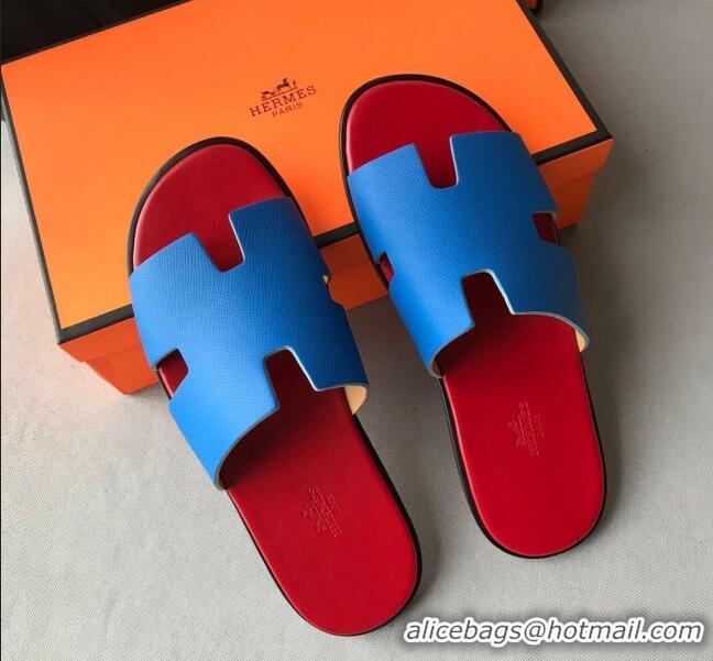 Fashion Hermes Izmir Sandal For Men in Epsom Calfskin 62267 Blue/Red