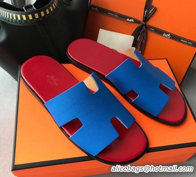 Fashion Hermes Izmir Sandal For Men in Epsom Calfskin 62267 Blue/Red