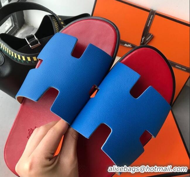 Fashion Hermes Izmir Sandal For Men in Epsom Calfskin 62267 Blue/Red