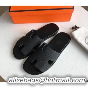 Best Design Hermes Izmir Sandal For Men in Togo Calfskin Black 062270