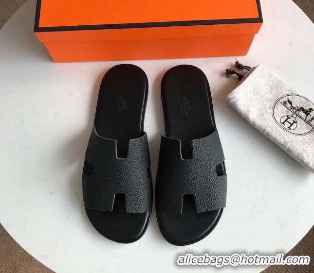 Best Design Hermes Izmir Sandal For Men in Togo Calfskin Black 062270