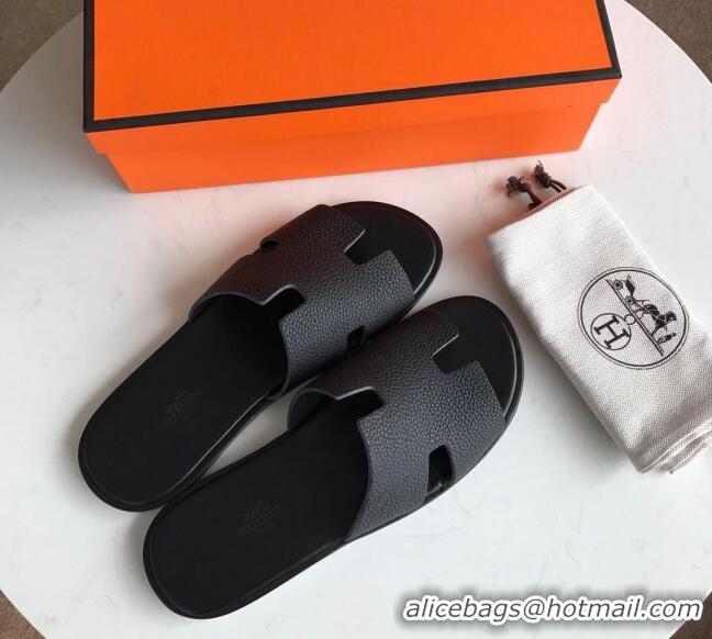 Best Design Hermes Izmir Sandal For Men in Togo Calfskin Black 062270