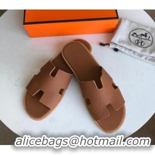 Low Price Hermes Izmir Sandal For Men in Togo Calfskin Brown 062272