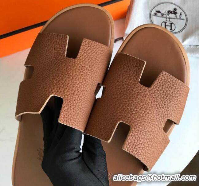 Low Price Hermes Izmir Sandal For Men in Togo Calfskin Brown 062272