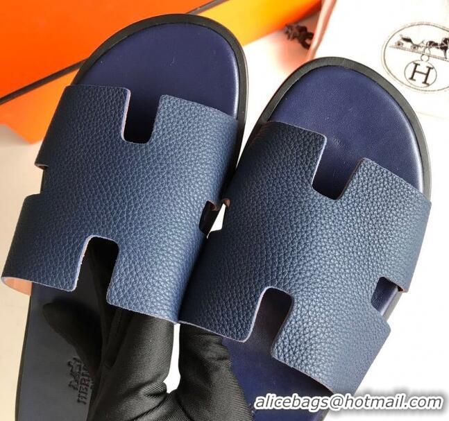 Low Cost Hermes Izmir Sandal For Men in Togo Calfskin Navy Blue 062273