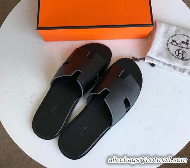 Duplicate Hermes Izmir Sandal For Men in Calfskin All Black 062279 