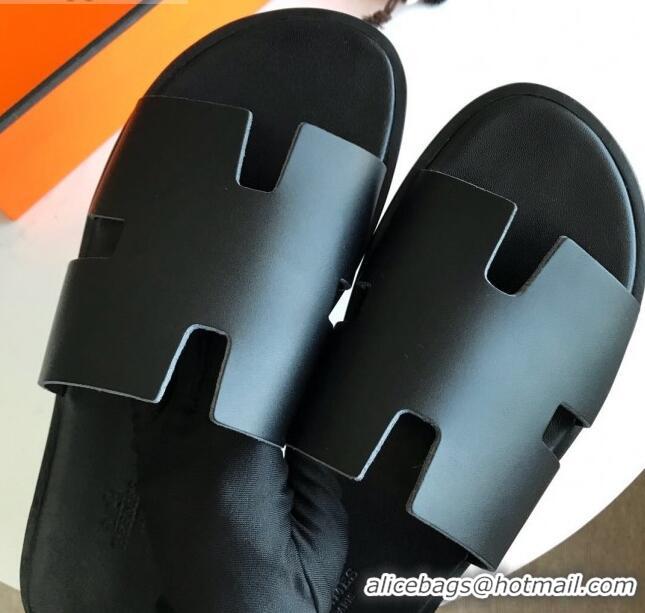 Duplicate Hermes Izmir Sandal For Men in Calfskin All Black 062279 