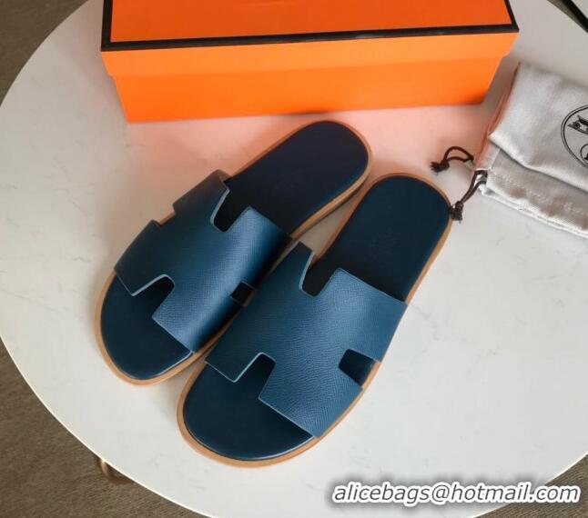 Grade Hermes Izmir Sandal For Men in Epsom Calfskin Denim Blue 062283