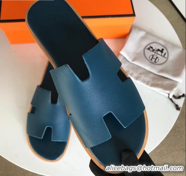 Grade Hermes Izmir Sandal For Men in Epsom Calfskin Denim Blue 062283