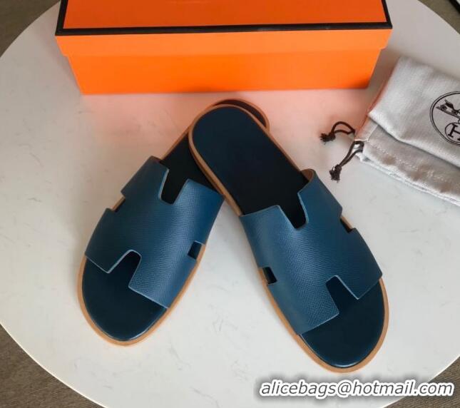 Grade Hermes Izmir Sandal For Men in Epsom Calfskin Denim Blue 062283