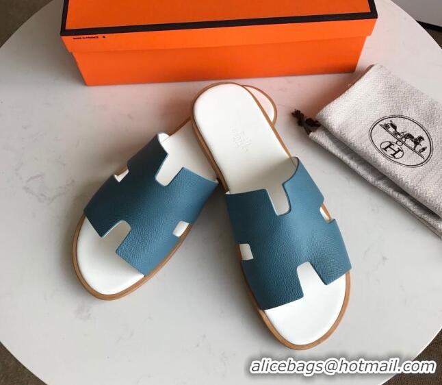 AAAAA Hermes Izmir Sandal For Men in Epsom Calfskin Denim Blue/White 062283