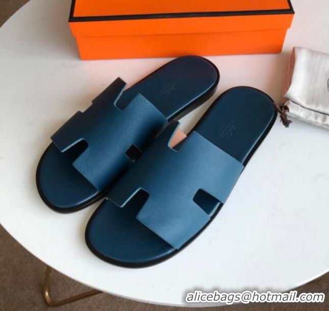 Top Grade Hermes Izmir Sandal For Men in Epsom Calfskin Denim Blue/Black 062284