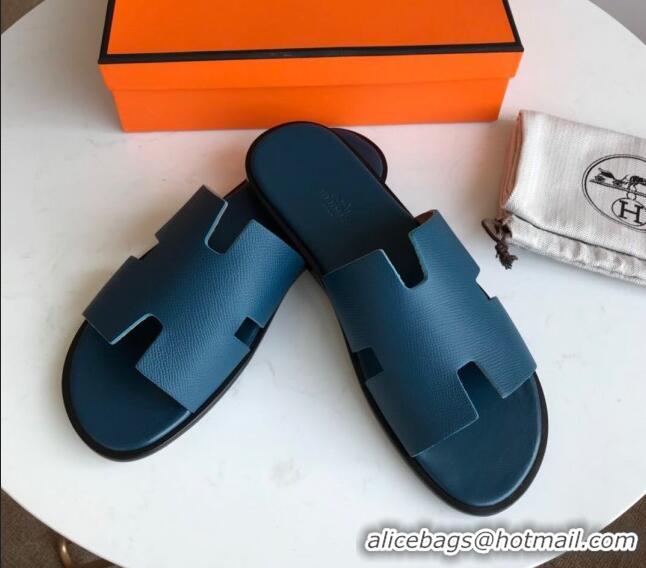 Top Grade Hermes Izmir Sandal For Men in Epsom Calfskin Denim Blue/Black 062284