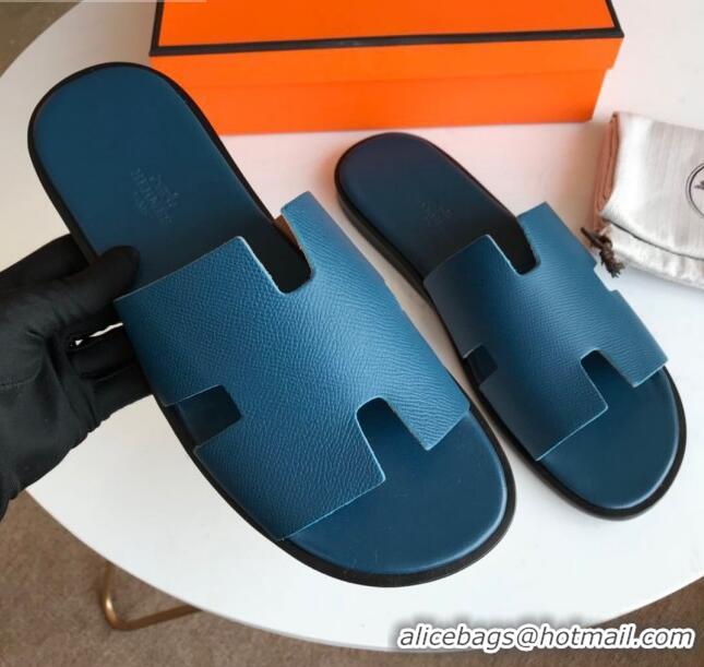 Top Grade Hermes Izmir Sandal For Men in Epsom Calfskin Denim Blue/Black 062284