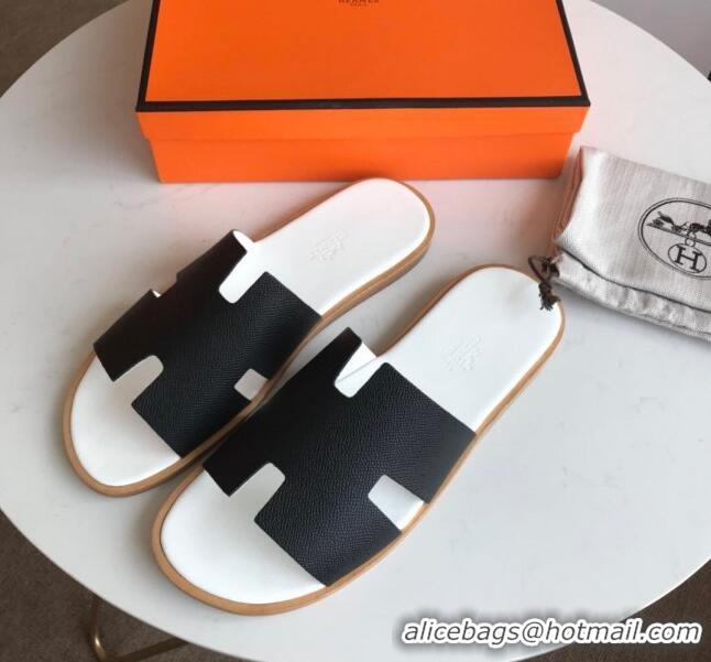 Best Luxury Hermes Izmir Sandal For Men in Epsom Calfskin 062294 Black/White