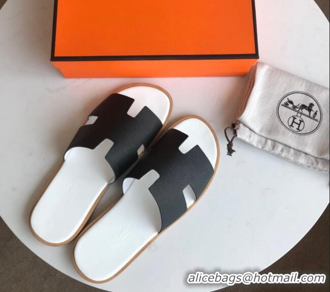 Best Luxury Hermes Izmir Sandal For Men in Epsom Calfskin 062294 Black/White