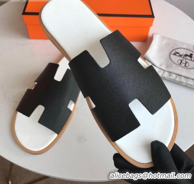 Best Luxury Hermes Izmir Sandal For Men in Epsom Calfskin 062294 Black/White