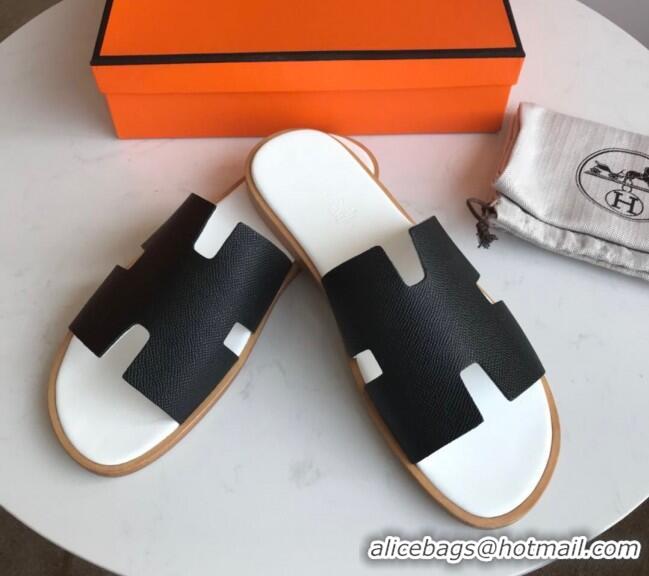 Best Luxury Hermes Izmir Sandal For Men in Epsom Calfskin 062294 Black/White