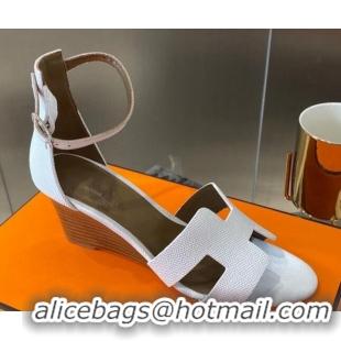 Top Quality Hermes Legend Palm-Grained Calfskin Wedge Sandals 70mm Heel 080711 White