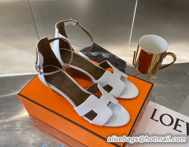 Top Quality Hermes Legend Palm-Grained Calfskin Wedge Sandals 70mm Heel 080711 White