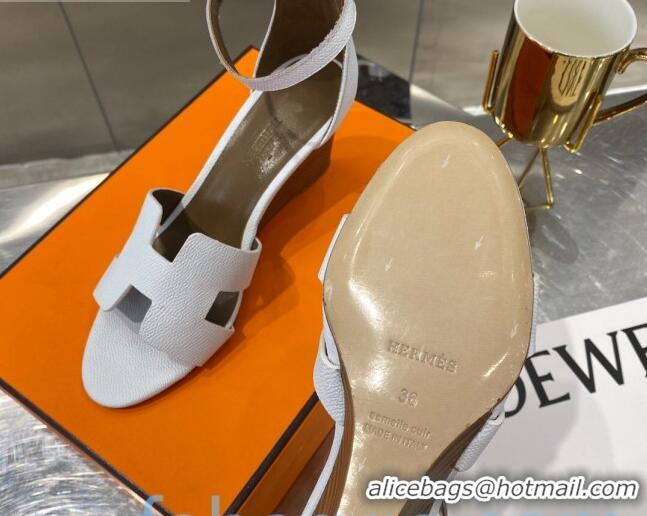 Top Quality Hermes Legend Palm-Grained Calfskin Wedge Sandals 70mm Heel 080711 White