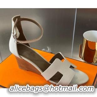 Perfect Hermes Legend Palm-Grained Calfskin Wedge Sandals 70mm Heel 080711 Light Grey