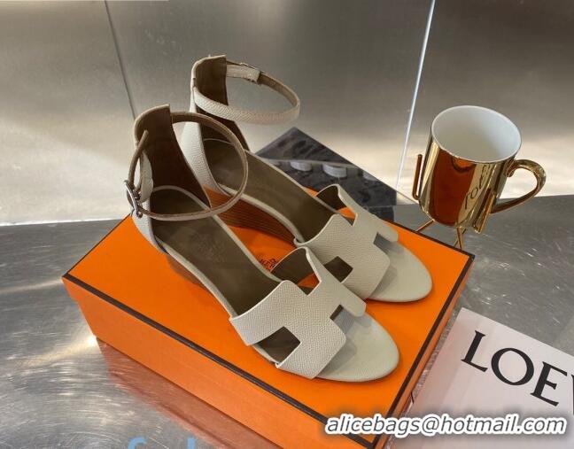 Perfect Hermes Legend Palm-Grained Calfskin Wedge Sandals 70mm Heel 080711 Light Grey