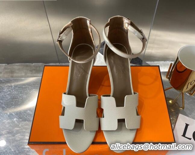 Perfect Hermes Legend Palm-Grained Calfskin Wedge Sandals 70mm Heel 080711 Light Grey