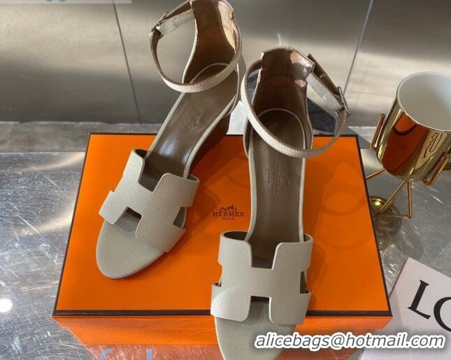 Perfect Hermes Legend Palm-Grained Calfskin Wedge Sandals 70mm Heel 080711 Light Grey