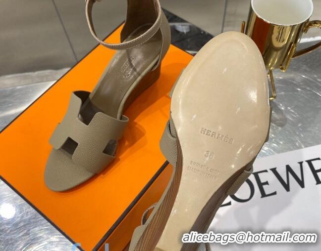 Charming Hermes Legend Palm-Grained Calfskin Wedge Sandals 70mm Heel 080711 Dove Grey