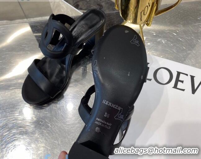 New Style Hermes Bikini Leather Chaine D Sandals 50mm Heel 080717 Black