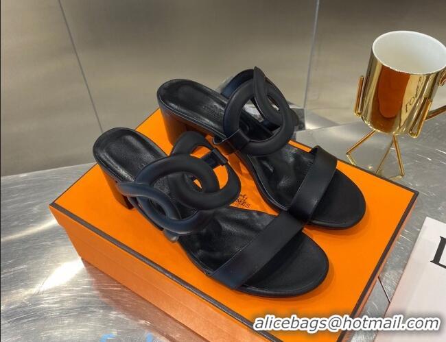 New Style Hermes Bikini Leather Chaine D Sandals 50mm Heel 080717 Black