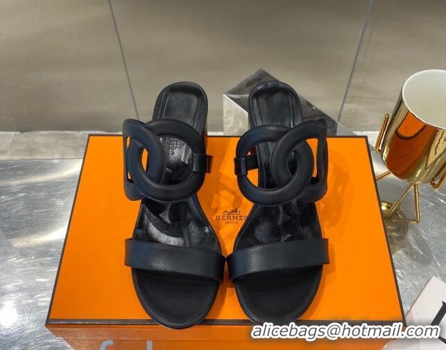 New Style Hermes Bikini Leather Chaine D Sandals 50mm Heel 080717 Black