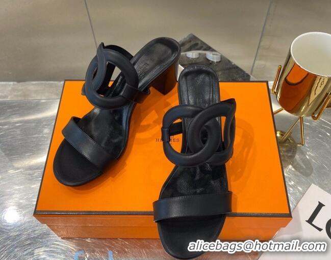 New Style Hermes Bikini Leather Chaine D Sandals 50mm Heel 080717 Black