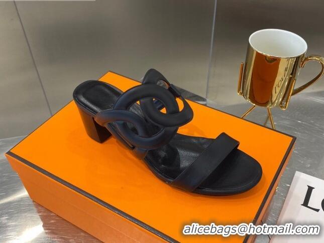 New Style Hermes Bikini Leather Chaine D Sandals 50mm Heel 080717 Black