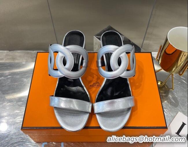 Low Price Hermes Bikini Leather Chaine D Sandals 50mm Heel 080717 Silver