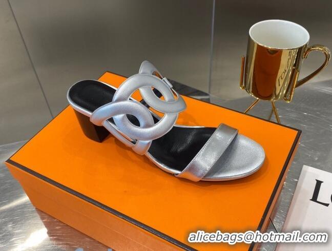 Low Price Hermes Bikini Leather Chaine D Sandals 50mm Heel 080717 Silver