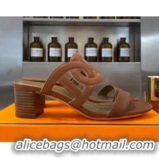 Top Quality Hermes Bikini Leather Chaine D Sandals 50mm Heel 080717 Brown