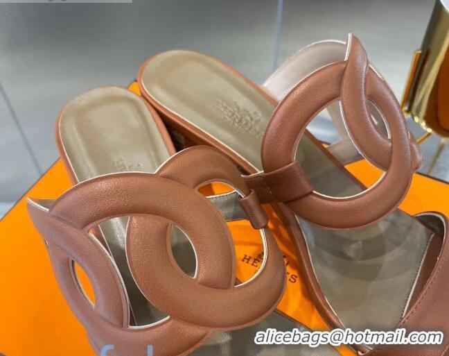 Top Quality Hermes Bikini Leather Chaine D Sandals 50mm Heel 080717 Brown